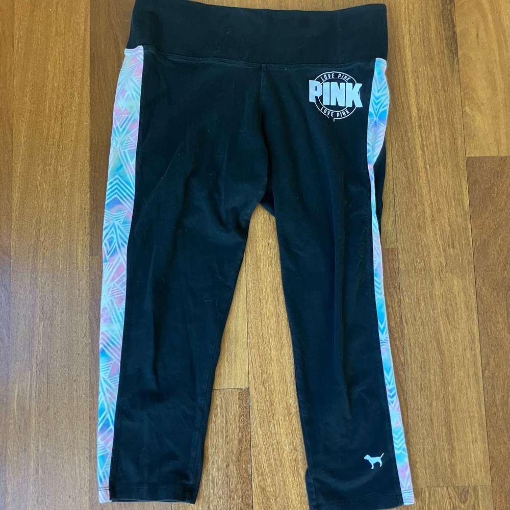 Victoria's Secret PINK Black Yoga Leggings with Pastel Pink & Blue Side Panels